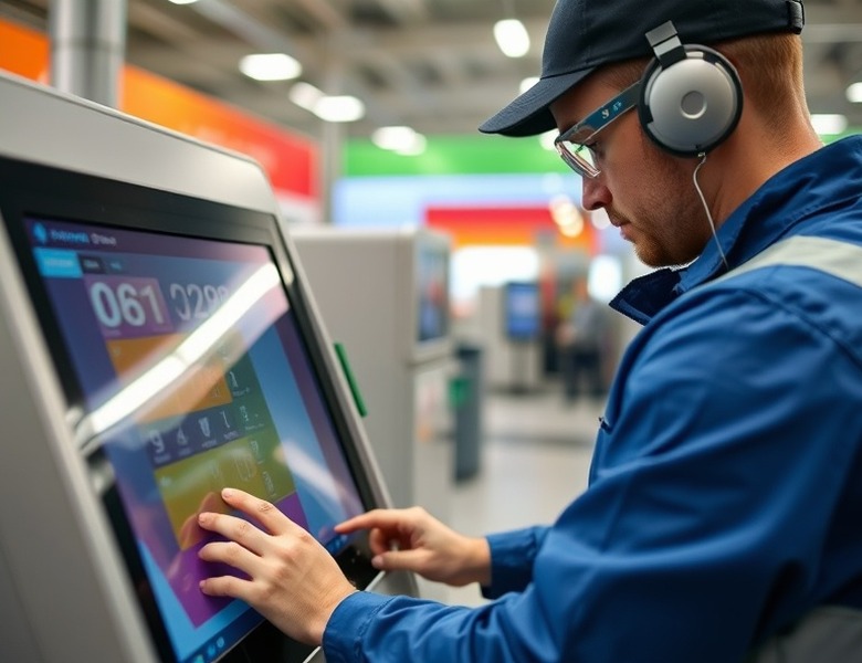 Especialista revisando la lectora de tarjetas de un terminal