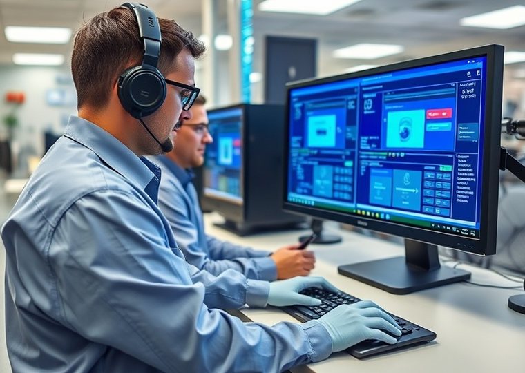 Especialista revisando la lectora de tarjetas de un terminal